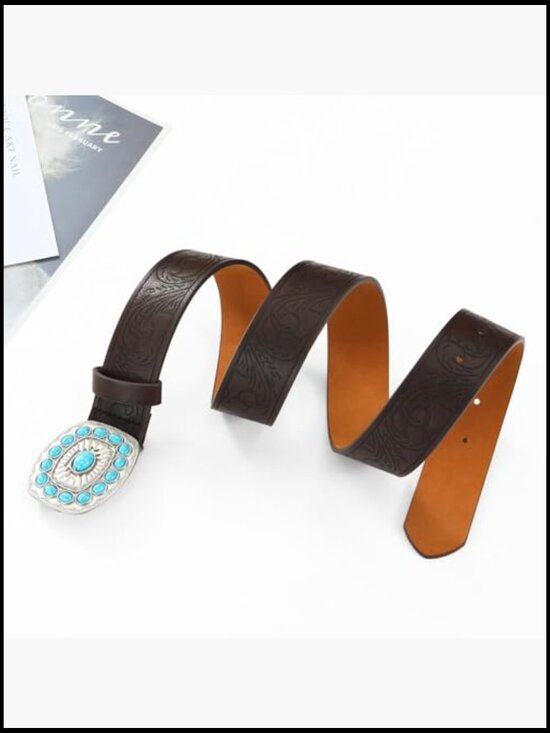 Vintage Western Belt Faux Leather Turquoise Buckle Classic Cowgirl Style